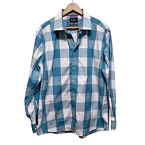 Daniel Hechter Paris Non Iron Turquoise White Bold Check Pineapple Shirt Size XL - Picture 2 of 7